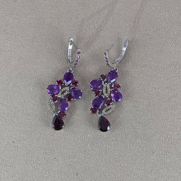 Stunning Rich Pear Faceted Red Rhodolite Garnet & Amethyst Drop Earrings - Picture 2 of 8